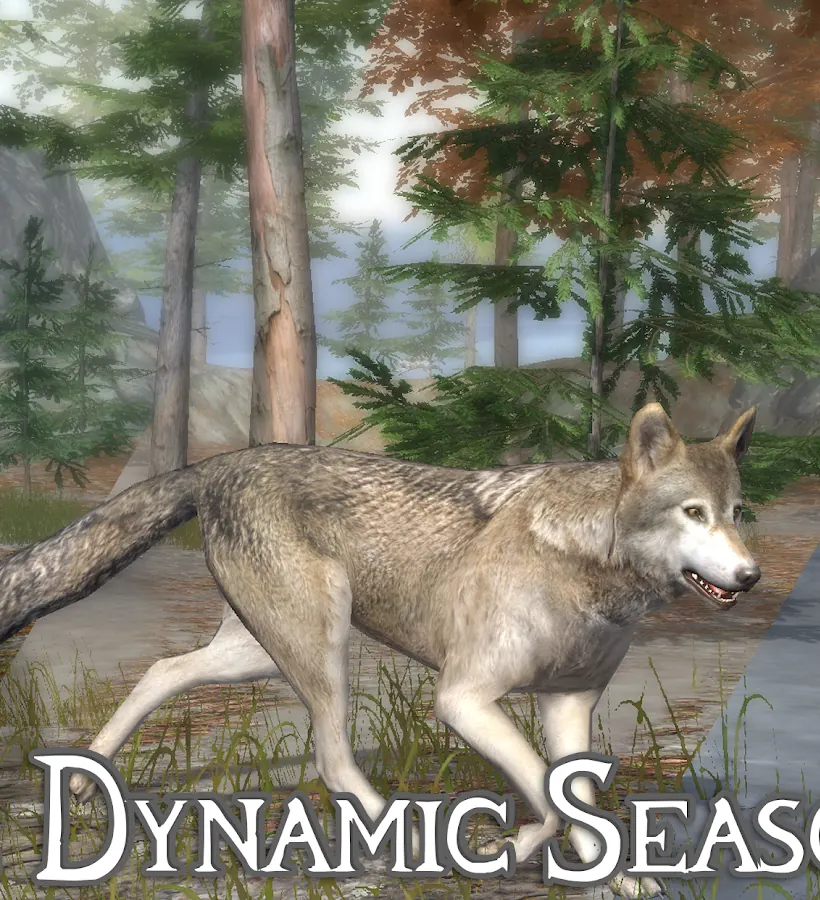 A wolf running through an autumn forest that fades into a winter scene in Ultimate Wolf Simulator 2