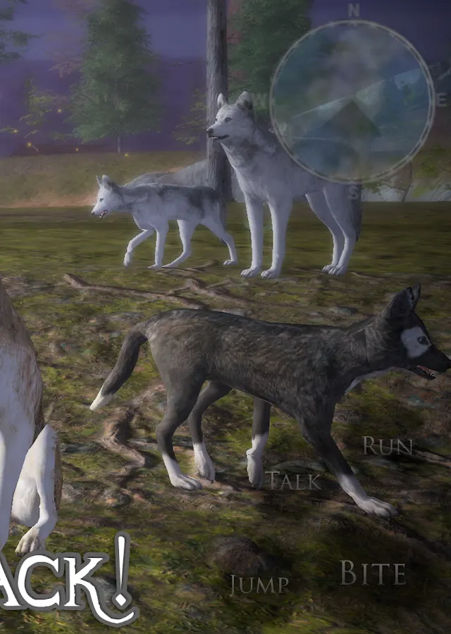 A dark wolf and a pack of pale grey wolves in a night forest camp in Ultimate Wolf Simulator 2