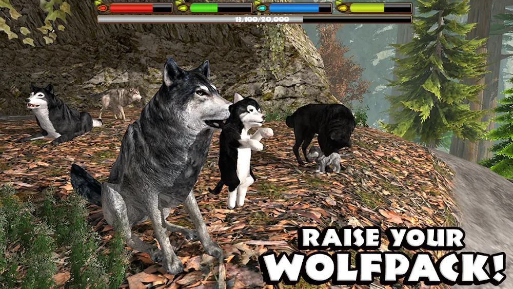 An adult wolf greeting two wolf pups on a leaf-covered mountainside in Ultimate Wolf Simulator
