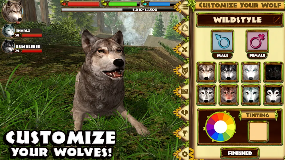A wolf coat customisation screen showing colour and pattern options in Ultimate Wolf Simulator