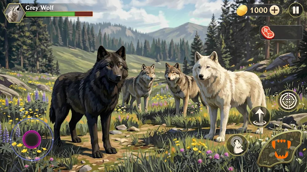 A group of wolves of different colours standing in a flowering meadow in Wild Animal: Wolf Simulator 3d
