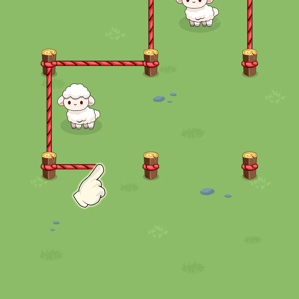 Two cartoon sheep inside a partially built rope fence with a hint cursor in Wolf and Sheep Puzzle