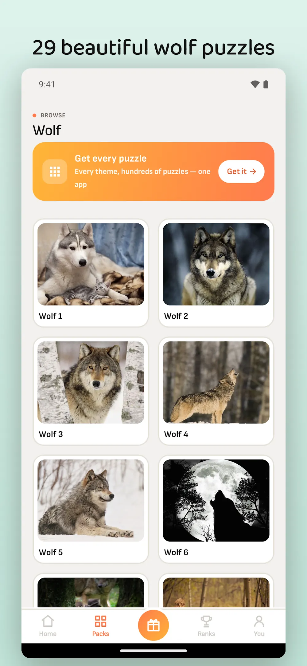 A grid of real wolf photographs in the puzzle selection screen of Wolf Puzzle