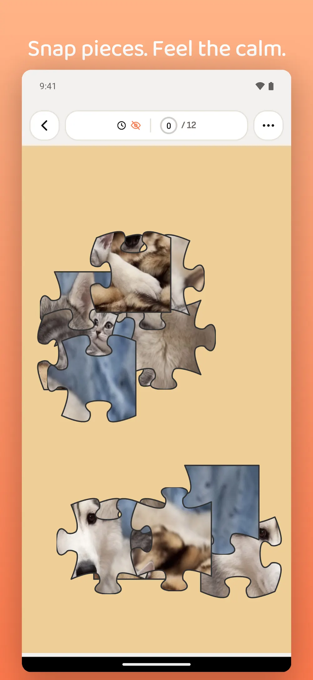 Loose jigsaw pieces of a wolf photograph being assembled in Wolf Puzzle