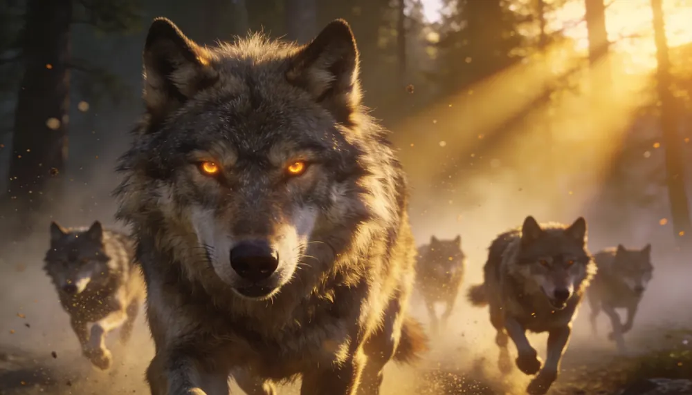A small wolf pack running through a sunlit forest in Wolf Simulator Games Offline